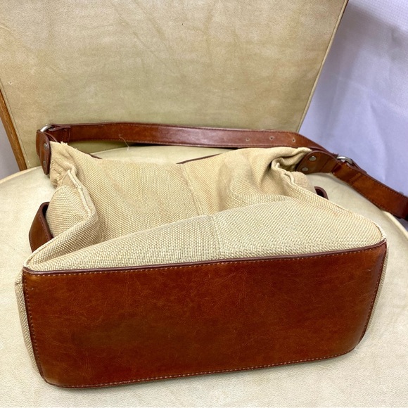 Relic By Fossil Tan Burlap Brown Leather Shoulder Bag Purse Canvas Handbag Tote - Picture 4 of 15